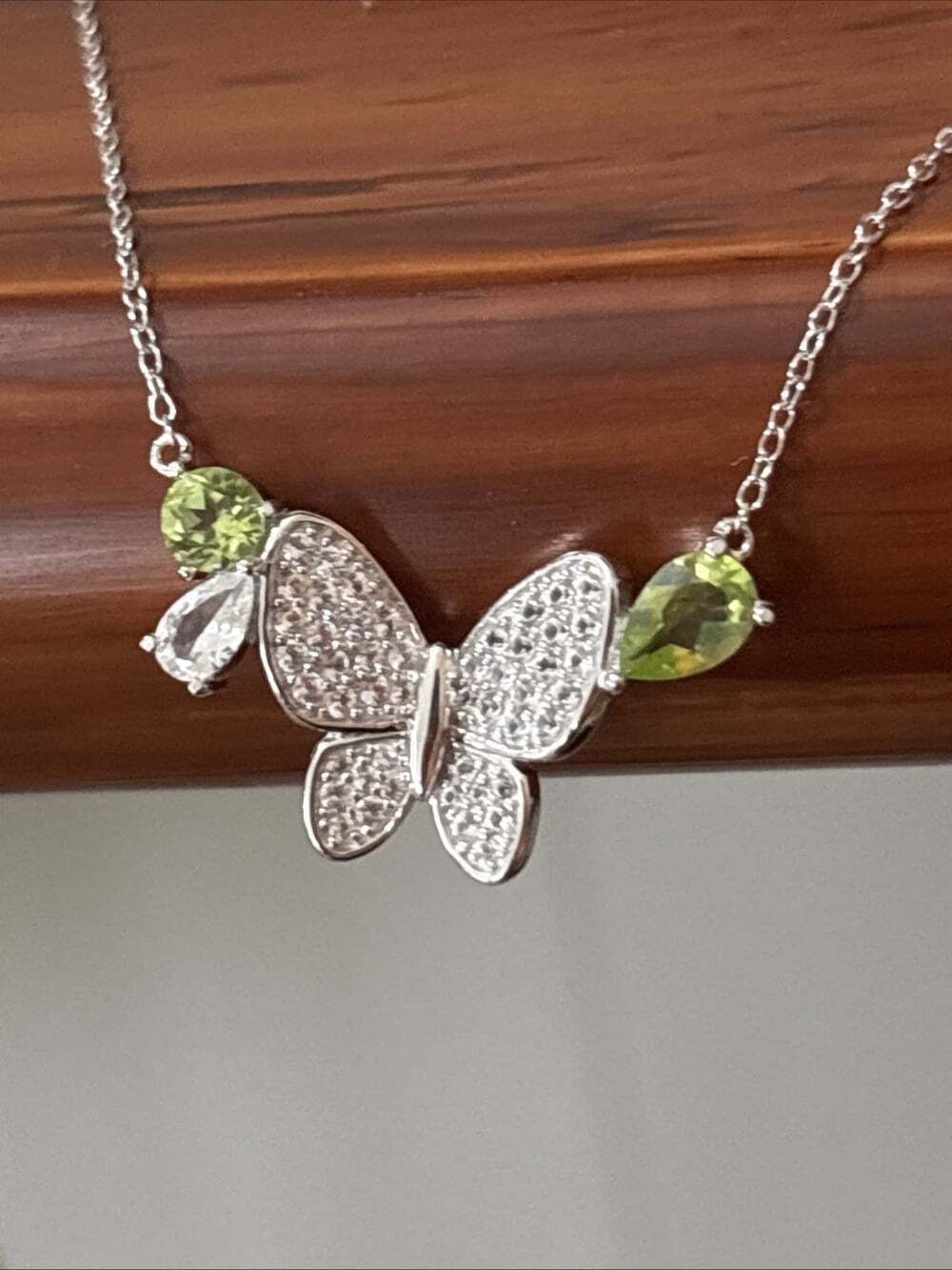 Sterling Natural Peridot Diamond White Sapphire Butterfly Necklace 18" Dainty
